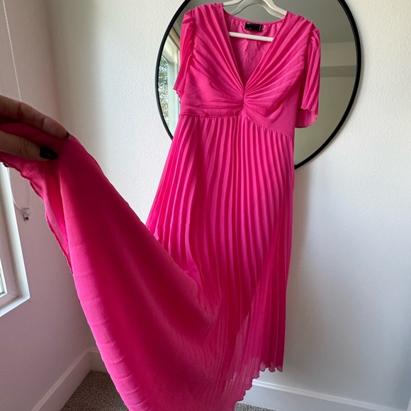 ASOS Design Curve Pleated Bodice Flutter Sleeve Pleat Midi Dress, Hot Pink, 12 - Picture 8 of 10